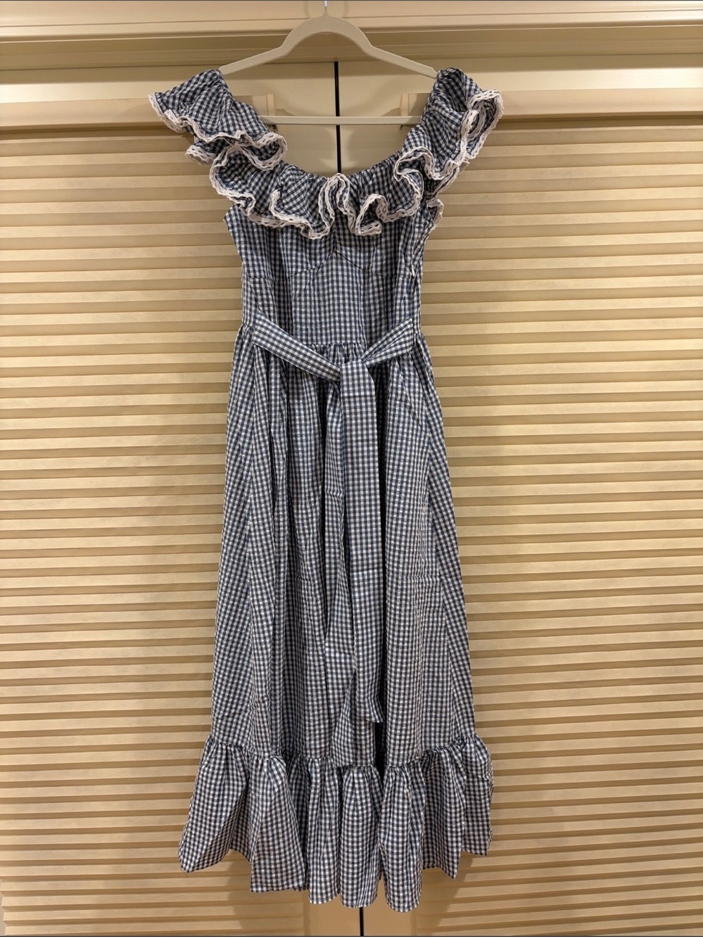 NWOT Doen Blue Gingham Ruffle Off-Shoulder Midi Dress, Size M - Picture 2 of 10
